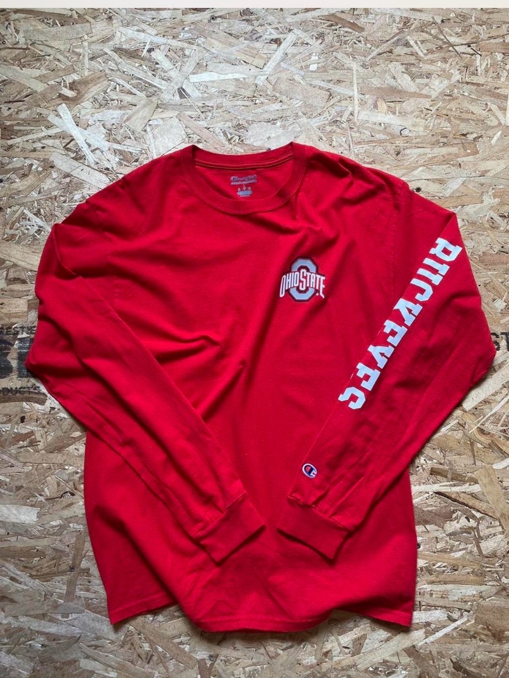 Champion Red Ohio Buckeyes State Long Sleeve Tee with Sleeve Script